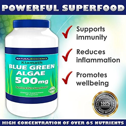 Klamath Blue Green Algae 500mg, Nutrient Rich Superfood, More Nutritious Than Spirulina and Chlorella, From Pure Lake Klamath, Contains Vitamins, Minerals, Enzymes, Amino Acids and EFAs, 60 Count
