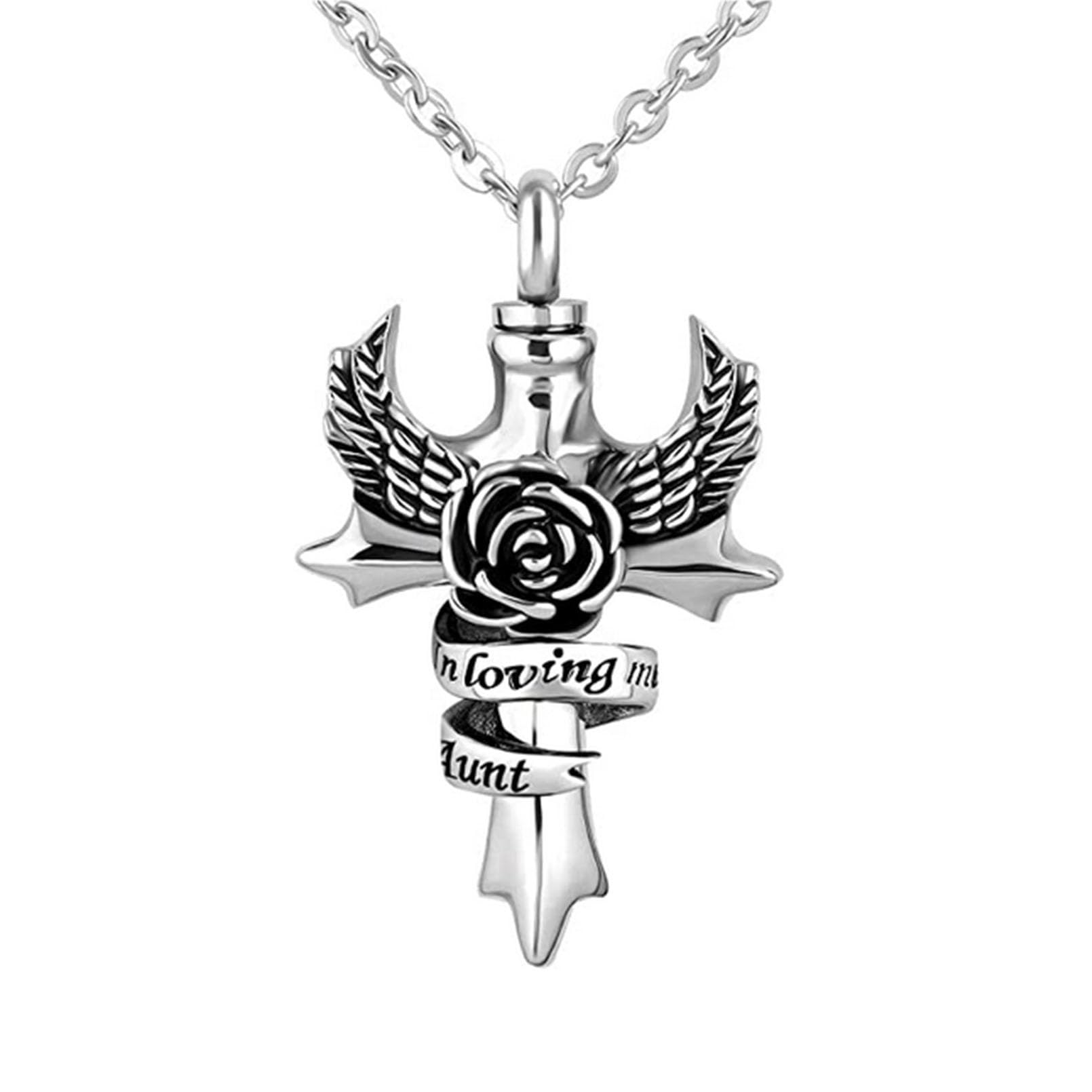 LSxAB Memorial Cremation Urn Necklaces for Ashes Aunt Angel Wing Cross Family Keepsake Pendant to Hold Ashes