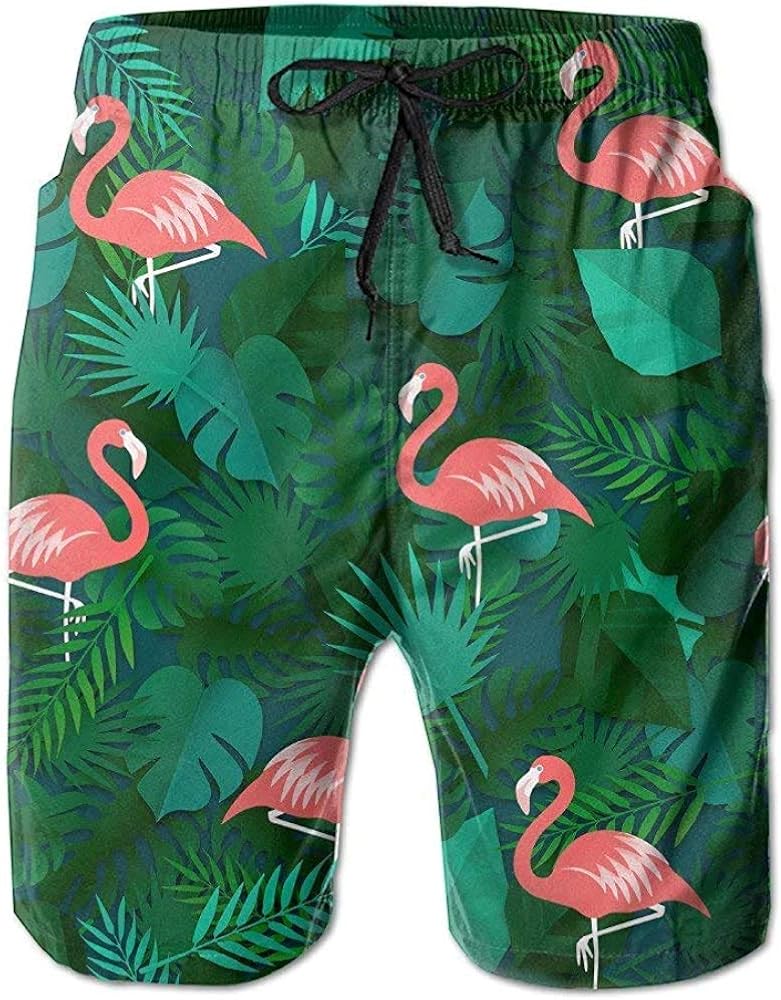 Flamingo and Tropical Leaves Men's Swim Trunks Quick Dry Beach Shorts