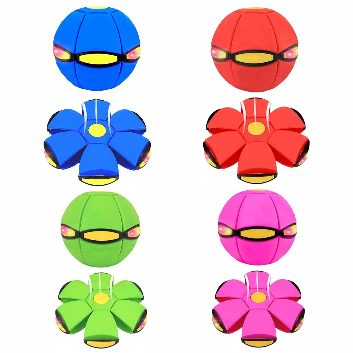 MOVVIYE Magic Ball Toy, Magic Metaball, Children Bouncing Ball, Parent-Child Interaction, Dual Form Freely Switchable Magic Metaball Flying Saucer with 6 Light (4PC(Blue+Green+Pink+Red))