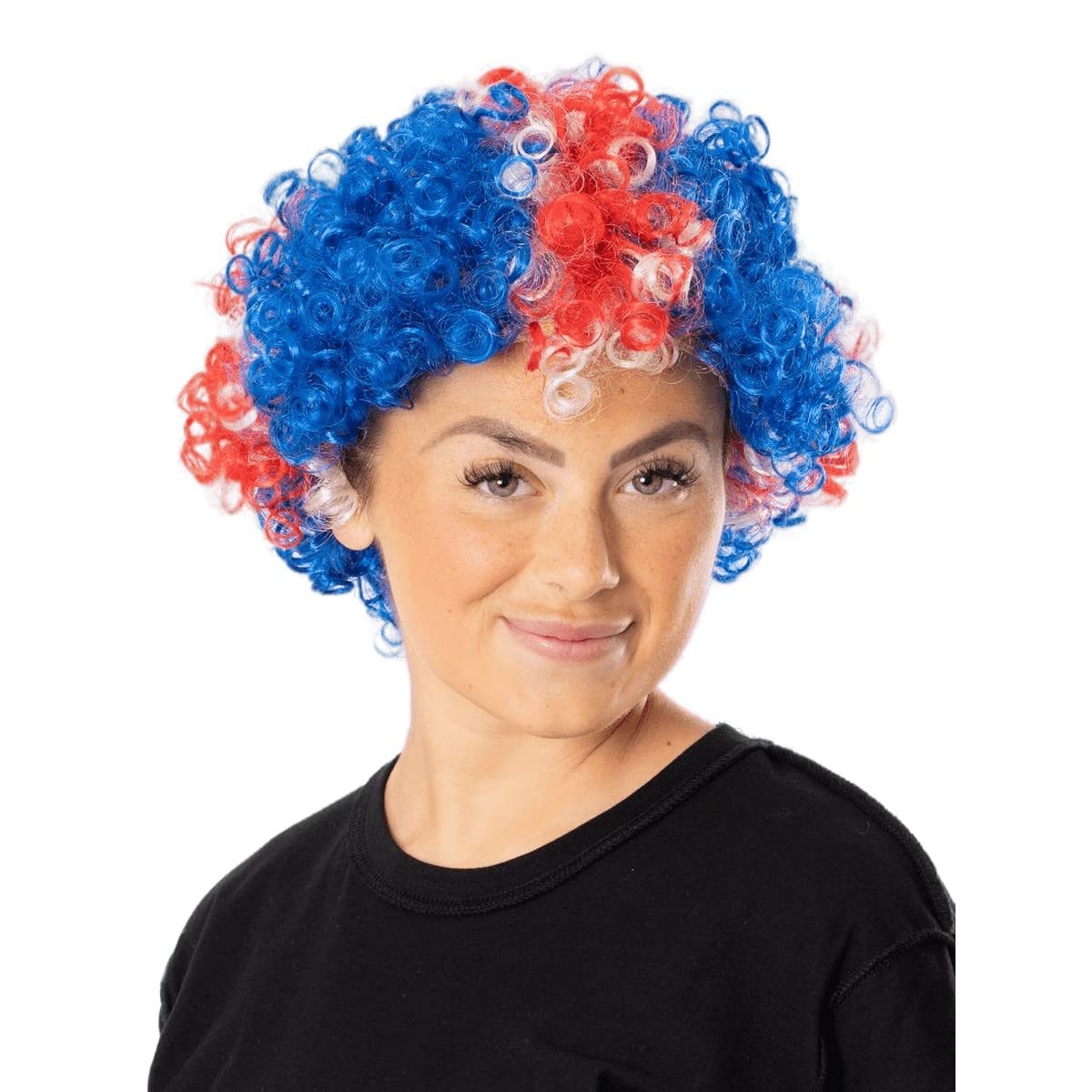 Bristol Novelty Union Jack Short Curly Wig, Afro Red White Blue Adult One Size Halloween