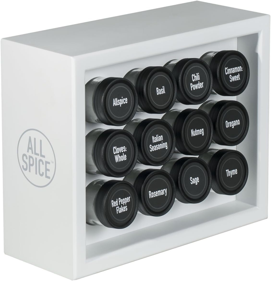 AllSpice Wood Spice Rack, Includes 12 4oz Jars Matte White