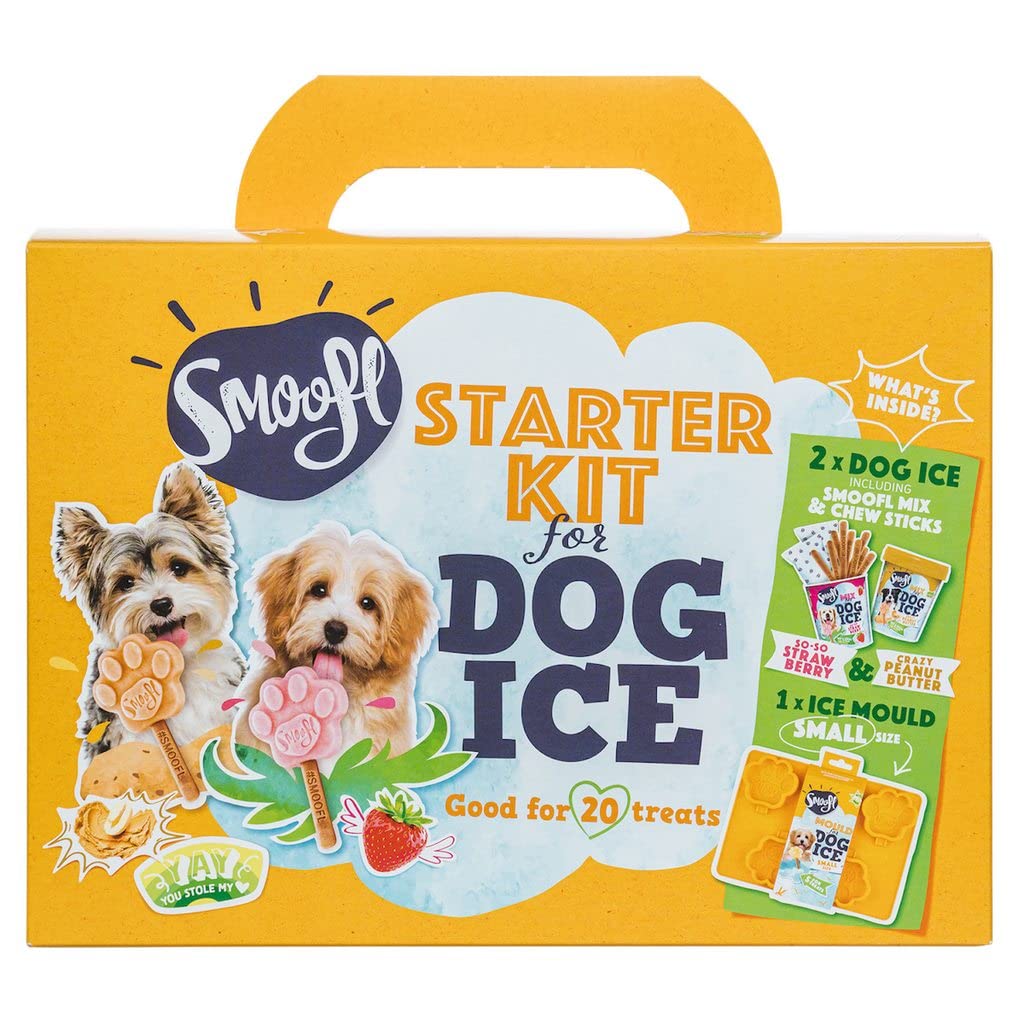 Smoofl dog treats Starter Kit to create your own dog ice cream, Kit with 2 Ice Cream Mixes for Little dogs, Peanut Butter and Strawberry flavoured, a pawshaped Silicone Mould - for 4 Dog Ice Treats