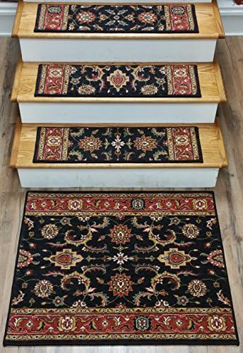 148804 - Rug Depot Traditional Oriental Carpet Stair Treads - Set of 15 Treads 30" x 9" with Matching 30" x 35" Landing Rug - Black Background - 100% PWool - Momeni Persian Garden PG-07 Salmon