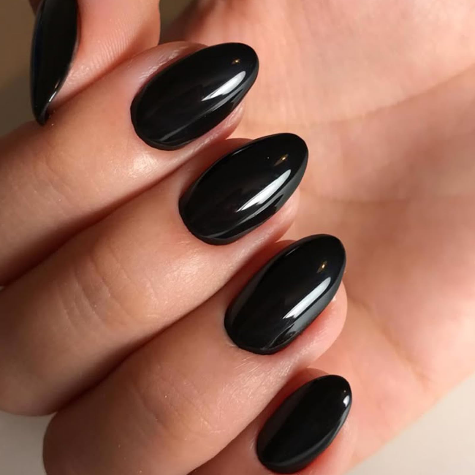 modelones Short Press on Nails, 32Pcs 16 Sizes Oval Fake Nails Kit Press Ons with Nail Glue, Adhesive Tabs, Nail File, Prep Pad, Manicure Stick, Classic Black - Image 2