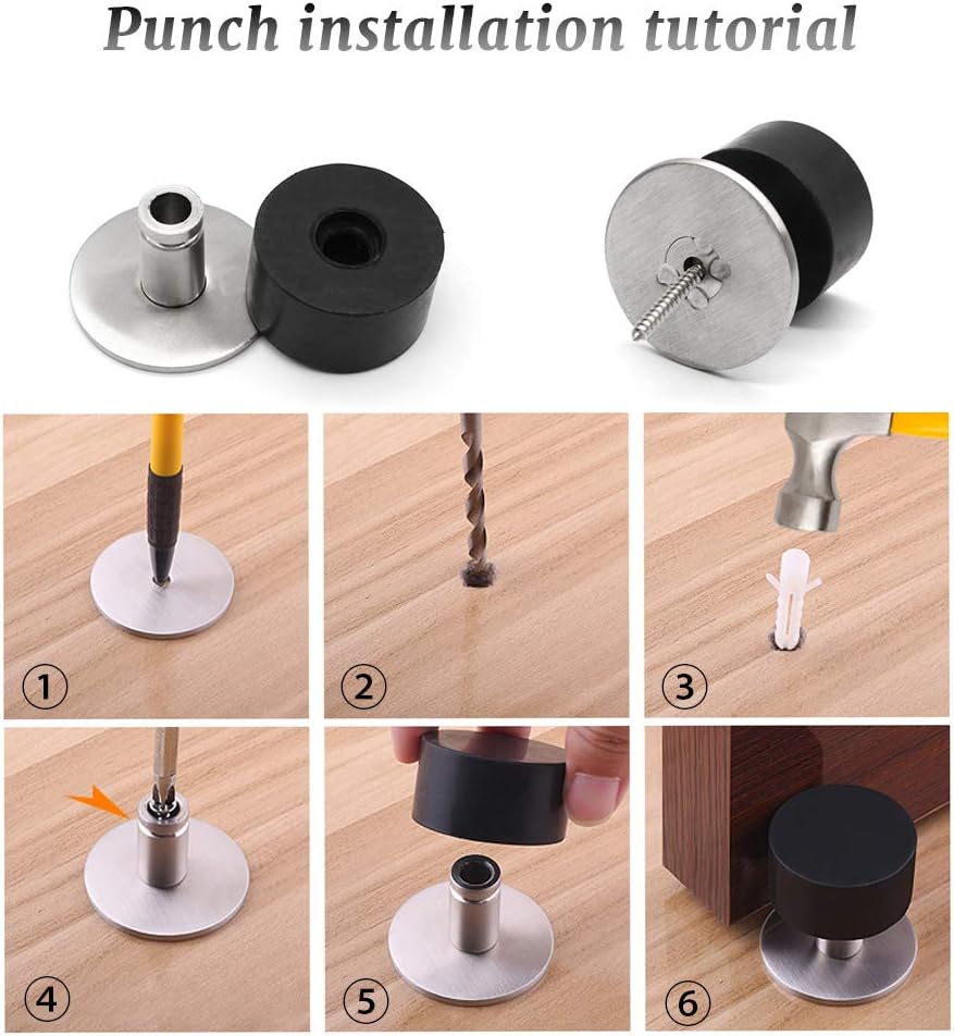 PEAK-EU 2 Pcs Rubber Door Stop Adhesive Mounted Stainless Steel Door Stop Wall or Floor Mount Door Stopper with Screws and 3M Double-Sided - Image 5