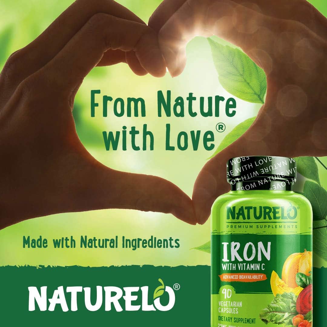 NATURELO Vegan Iron Supplement with Whole Food Vitamin C - Best Natural Iron Pills for Women & Men w/Iron Deficiency Including Pregnancy, Anemia and Vegan Diets - 90 Mini Capsules: Health & Personal Care