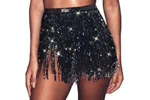 GRAEEN Hip Skirts Sequin Fringe Skirt Belly Dance Hip Scarf Tassel Rave Skirt for Women and Girls