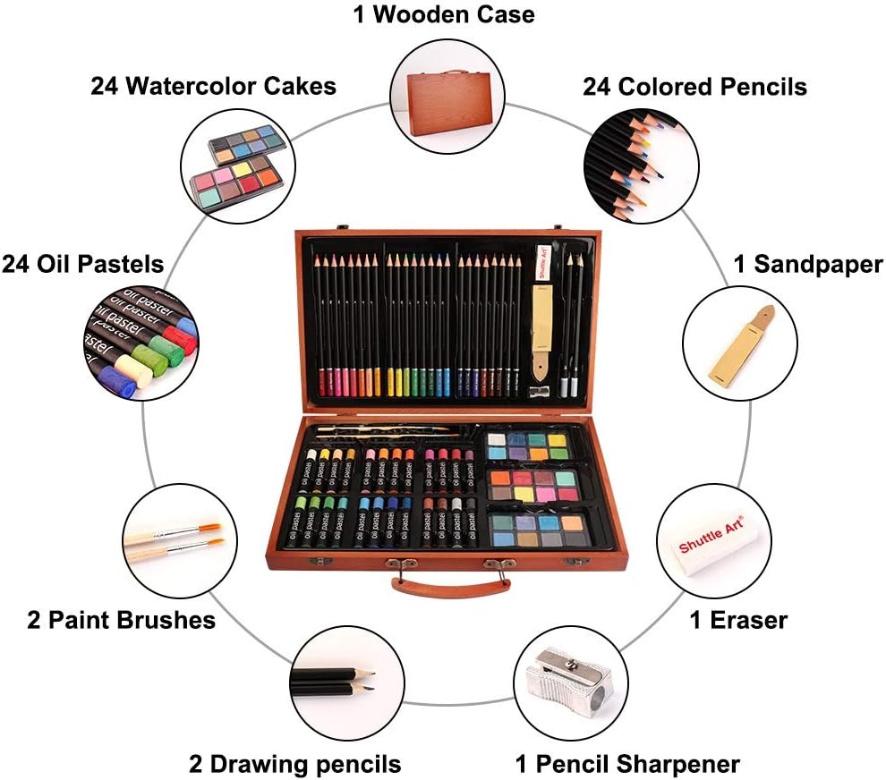 118 Piece Deluxe Art Set, Shuttle Art Art Supplies in Wooden Case, Painting Drawing Art Kit with Acrylic Paint Pencils Oil Pastels Watercolor Cakes Coloring Book Watercolor Sketch Pad for Kids Adults : Office Products