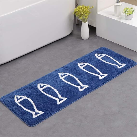 JameStyle26 Badematte antirutsch Fußmatte Blau Weiß Fisch Fish Motiv Badezimmermatte Rutschfest Duschmatte schnelltrocknend K