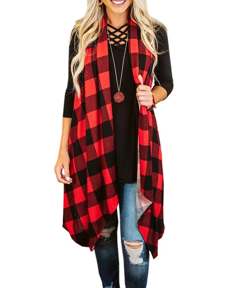 Photo 1 of Ivay Womens Plaid Open Front Sweaters Sleeveless Duster Cardigans Drape Lightweight Vest Coat with Pockets Red