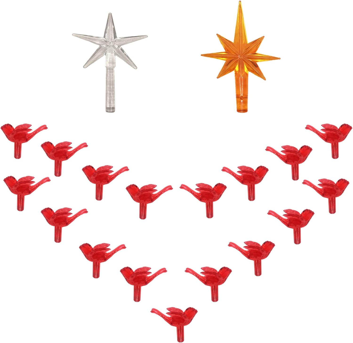 Tree Toppers - 117Pcs Ceramic Christmas Tree Red Cardinal Bird Replacement Lights Bulbs and 2Pcs Stars Tree Topper for Retro Ceramic Tree Ornaments- Tree Pegs Accessories.