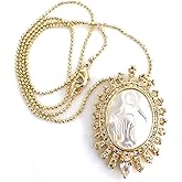 SIFRIMANIA Virgen de la Milagrosa Oval Pendant Necklace 18k Gold Plated Chain Religious Jewelry