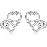 Sterling Silver Stethoscope Stud Earrings Heart Nurse Earrings for Women Medical Jewelry Gift for Doctor Nurse Medical Students