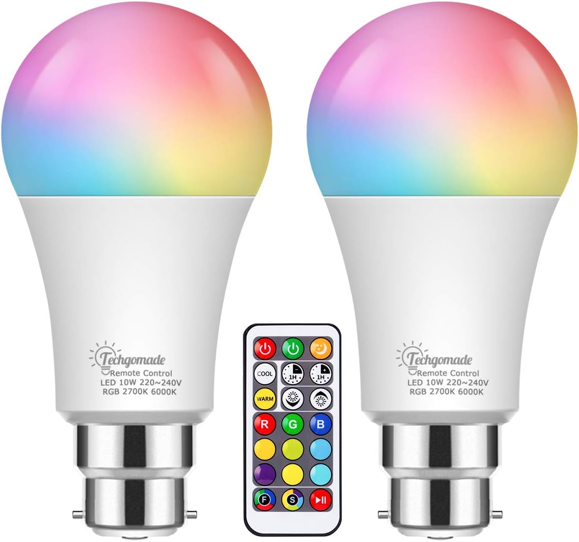 2X 10W Color Changing Light Bulb, Techgomade A60 B22 RGBW+Cool+Warm White RGB Light Bulbs, 60W Equivalent, 900LM, Dual Memory, Remote Control Multicolour LED Bulbs for Home Decor, Mood Lighting, Party [Energy Class A+]