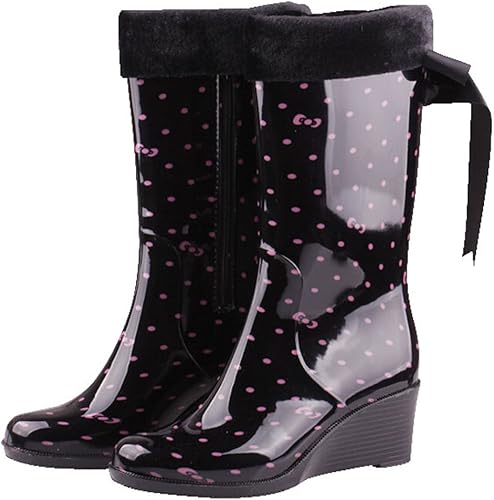 Amazon ヒット長靴 ファッション 女レインブーツ 高い靴筒 リボン ピンクリボン 水玉柄 雨靴 38 シューズ バッグ