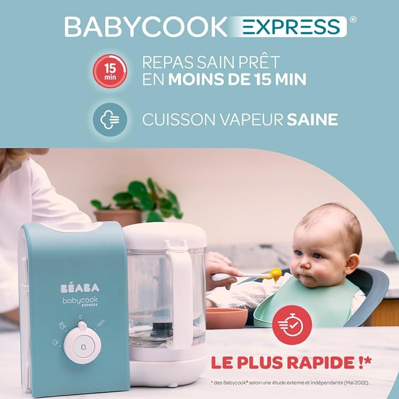 BEABA, Babycook Express, Robot Bébé 4 en 1 Mixeur-Cuiseur, Cuisson Express 15min, Mixage sur-mesure, Cuisson Vapeur Douce et Saine, Décongélation, Texture Homogène, Capacité 1 250 ml, Vert Sauge