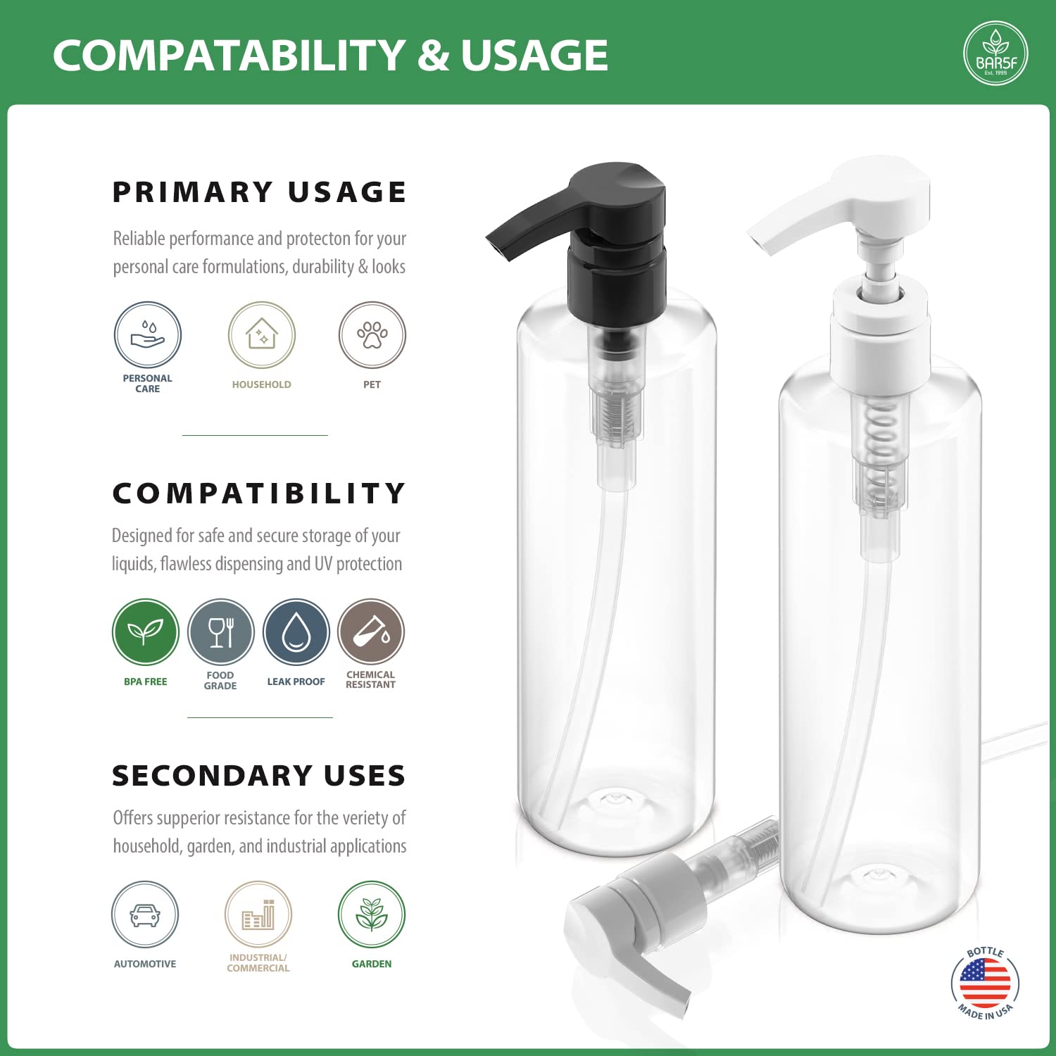Bar5F Plastic Lotion Bottles with Black & White Pumps, 16 oz | Leak Proof, Empty Clear Cylinder, Refillable, BPA Free for Shampoo, Moisturizer, Face Cream, Liquid Hand Soap | Pack of 2