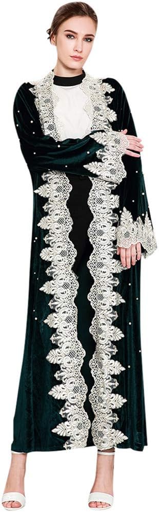 QBQCBB Abaya Muslim Dubai Women Open Front Kaftan Cardigan Gold Velvet Lace Robe
