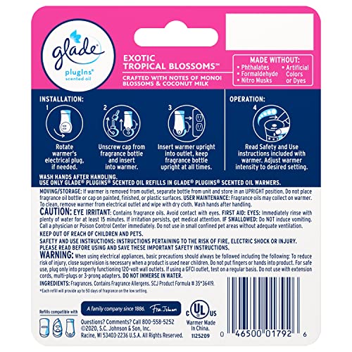 GLADE PLUGINS REFILLS AIR FRESHENER STARTER KIT, SCENTED AND ESSENTIAL OILS FOR HOME AND BATHROOM, EXOTIC TROPICAL BLOSSOMS, 0.67 FL OZ, 1 WARMER + 1 REFILL
