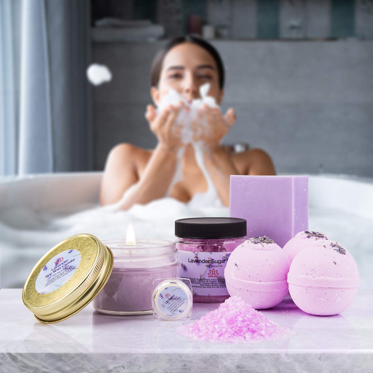 Made in USA Spa Gift Baskets for Women Organic Lavender, Bath and Body at Home, Spa Kit, Soy Wax Candle, Natural Oil Bath Salt, 3 Bath Bombs, Soap Bar, Body Sugar Scrub, for Mom, Girls