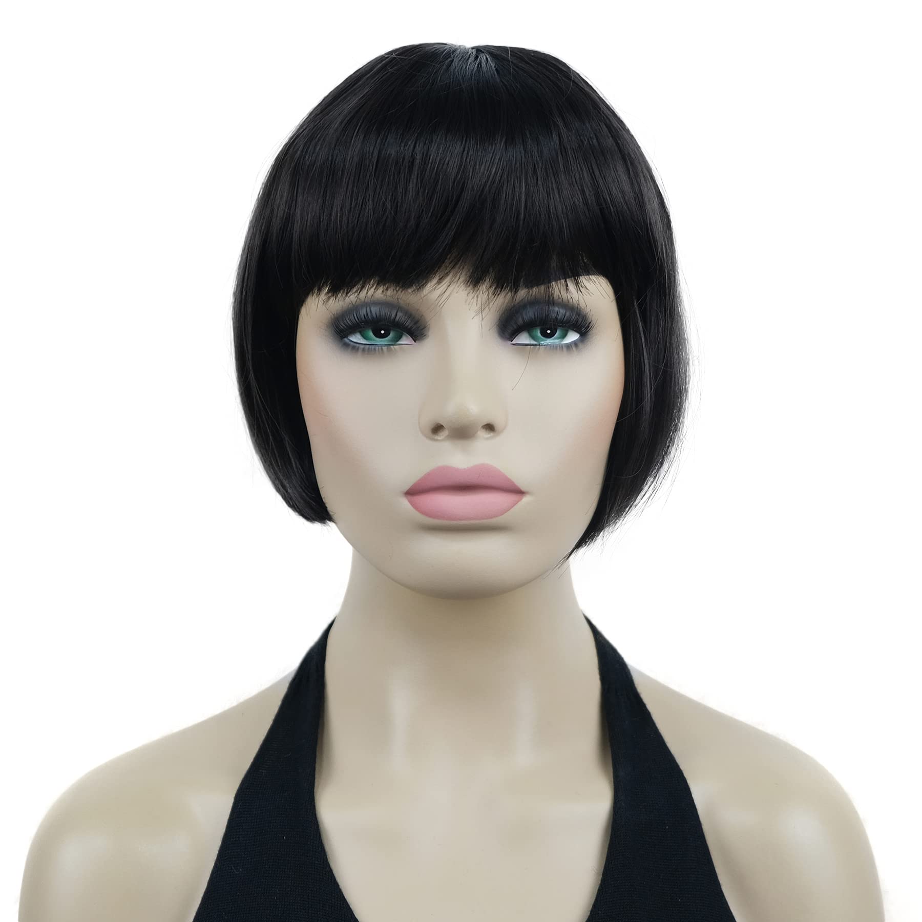 Lydell 6" Straight Short Bob Hair Flat Bangs Cute Central Dot Skin Top Heat Resistant Synthetic Wigs (Dark Brown)