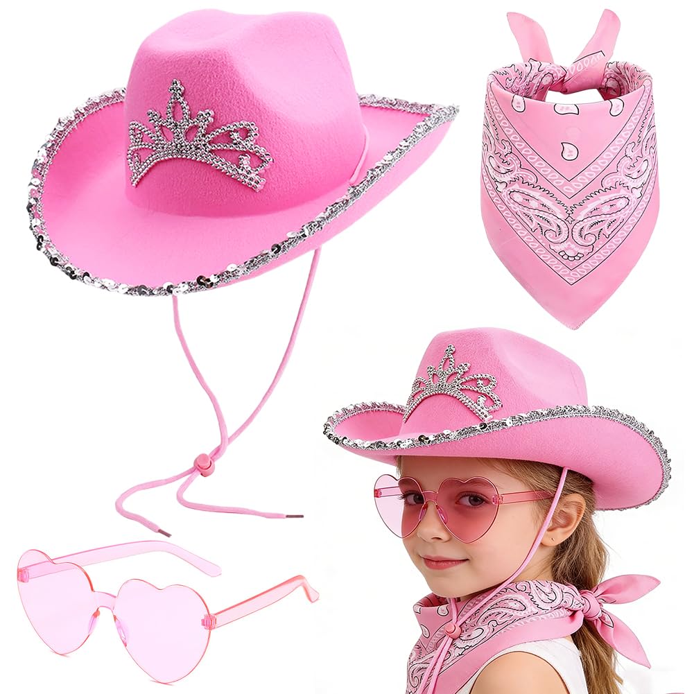 FCXVXCL Kids Cowboy Hat 3 PCS Cowboy Costume Sparkly Pink Costume Children with Pink Hat Scarf Heart Sunglasses and Sequin Trim for Halloween World Book Day Fancy Dress Up