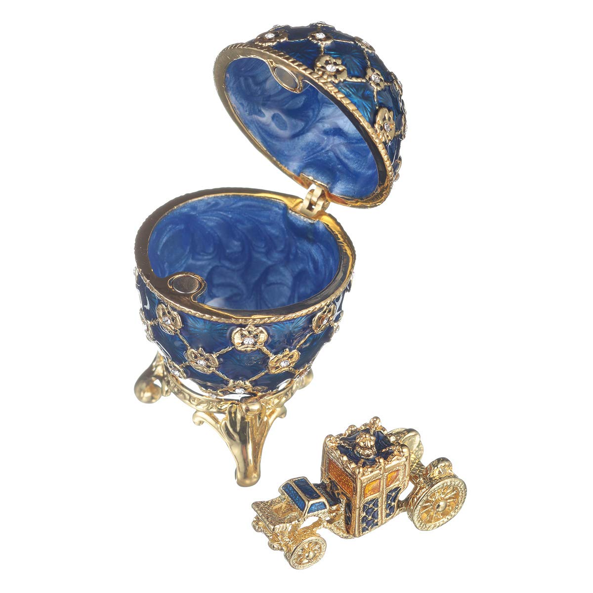 danila-souvenirs Glamorous Style Imperial Coronation Easter Egg Trinket Jewel Box with carriage 6,5 cm blue