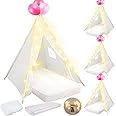 Lemosae 4 Pack Teepee Tent for Kids Slumber Party with Mattress,Fitted Sheet,Light String,Natural Cotton Washable Sleepover Tents for Girls Party Birthday Slumber Movie Night Supplies(White)