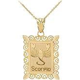 Fine 14k Yellow Gold Filigree-Style Rectangular Frame Scorpio Zodiac Sign Pendant Necklace