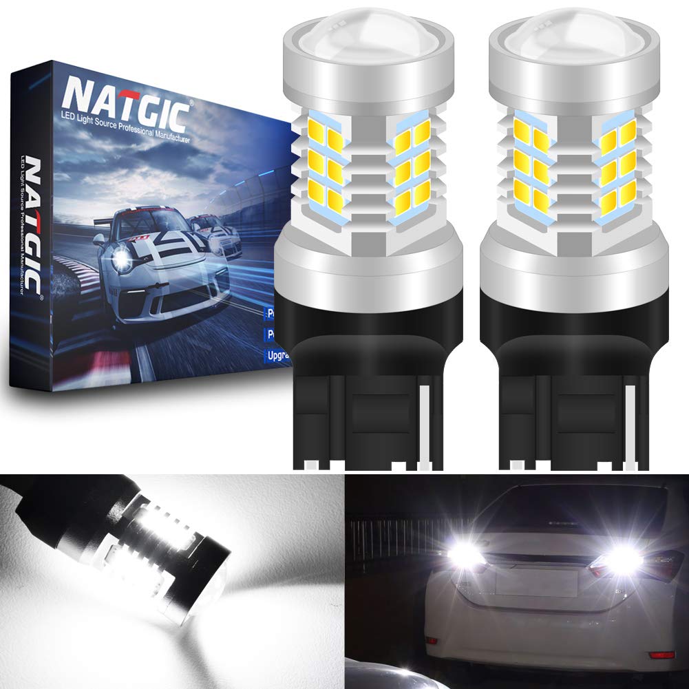 NATGIC 7440 7440NA 7441 992 T20 LED Bulbs Xenon White 21 - EX 2835 SMD Chipsets with Lens Projector for Brake Tail Backup Reverse Lights, 10-16V 10.5W (2-Pack)