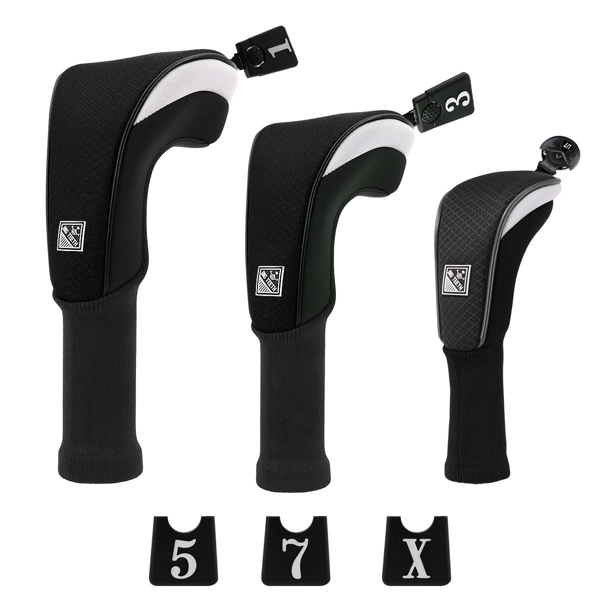 Big Teeth Golf Club Head covers Wood Set 3 PACKS DR FW UT for Driver Fairway Hybrid with No.Tag Long Neck Balck Meshy Knit