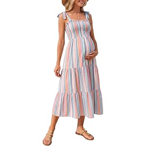 Summer Mae Smocked Maternity Dress with Pockets Baby Shower Summer Outfit | Women pregnancy adjustable tie clothes flowy midi