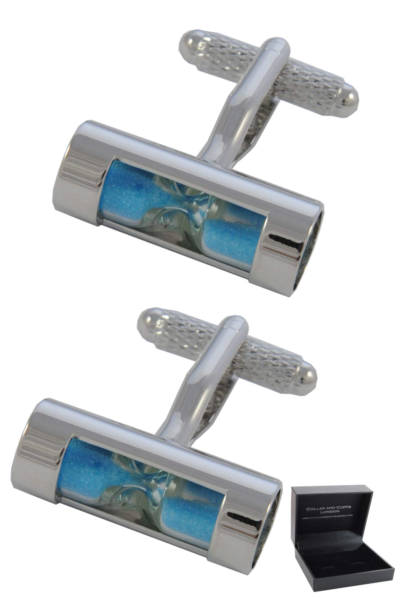 Cufflinks for Men + Presentation Box - Blue - Hour Glass - Brass Metal - Egg Timer Sand Time Measure - One Pair