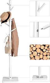VASAGLE Coat Rack Freestanding 8 Hooks 3 Heights Rubber Wood Cloud White view 8