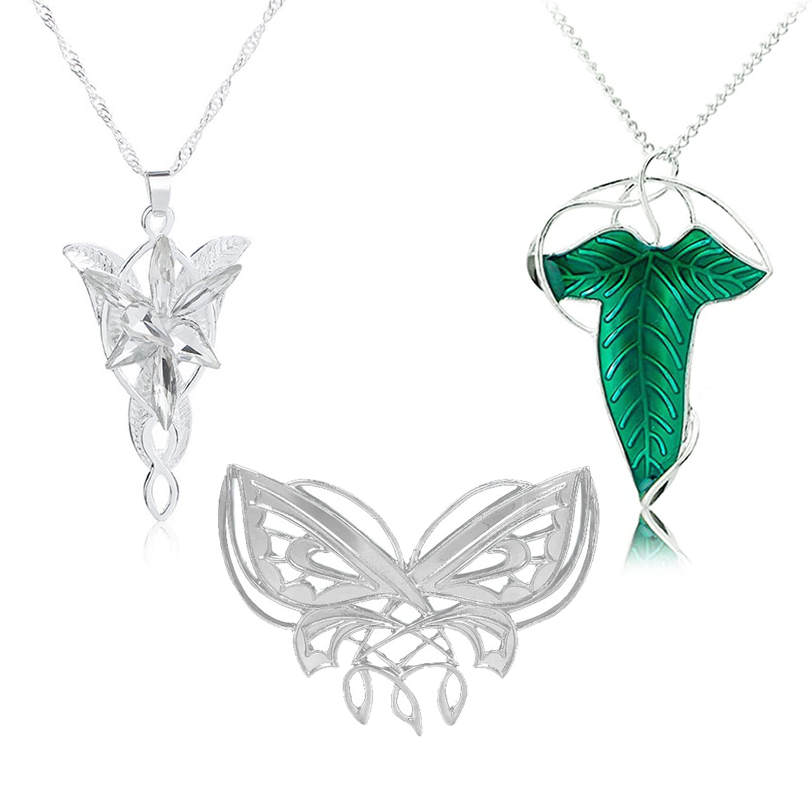 YouU 3 pcs Arvven Evening Jewelry Set Elf Pendant Chain Necklaces Elven Green Leaf Brooch Pin Pendant Necklace L. of the Rings Butterfly Brooch
