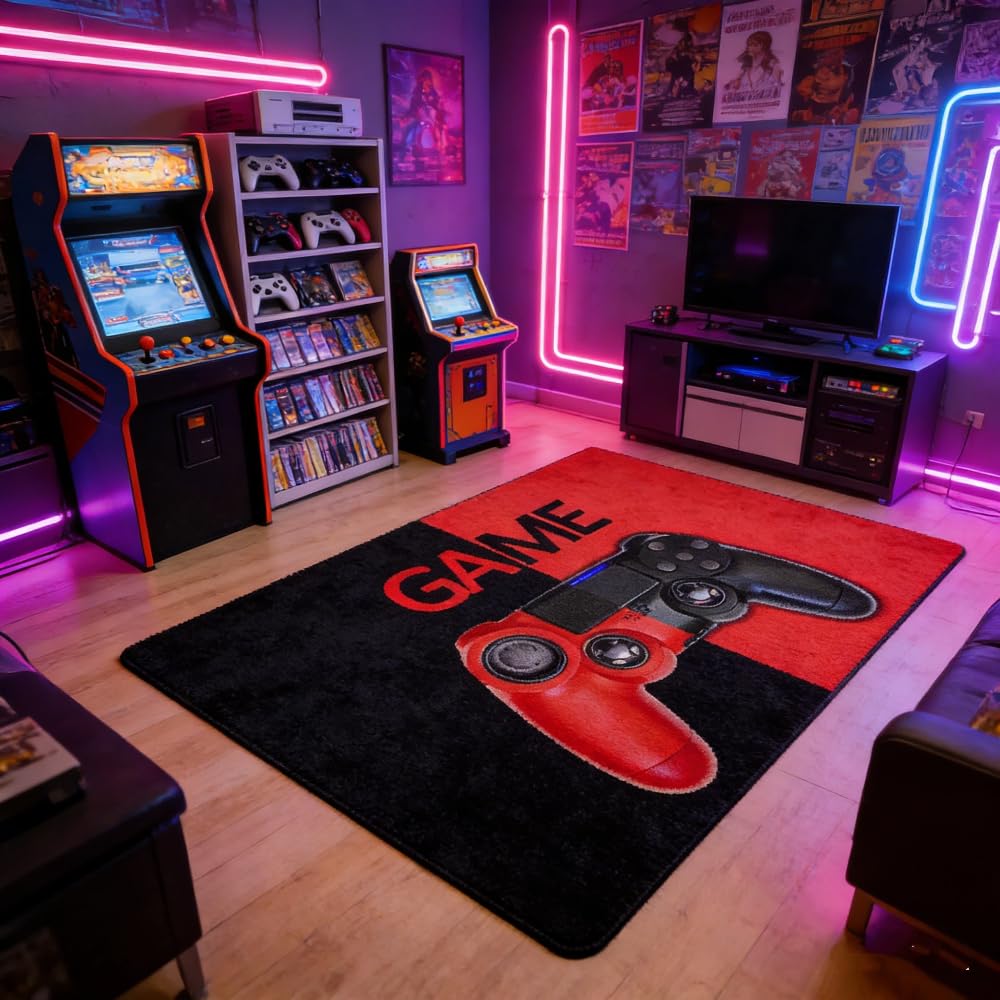 Loussiesd Gamer Area Rug Gaming Rugs For Living Room Bedroom Game Room Decor Gamepad Red and Black Accent Rug 100 * 150cm