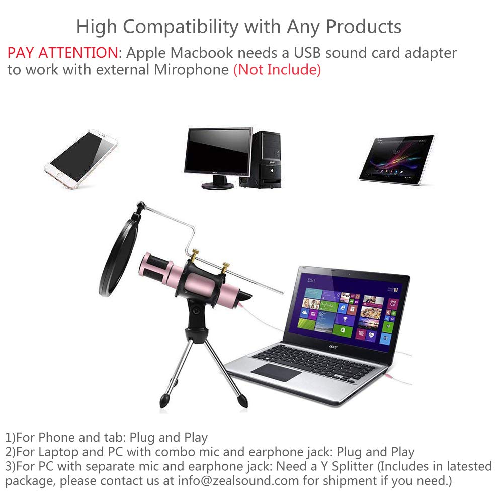 Condenser Microphone, ZealSound Plug&Play Broadcasting Recording Karaoke Microphone Home Studio w/ Mount Stand for iPhone Phone Windows/Mac Podcasters Smule Live Stream Podcasting YouTube (Rose Gold)