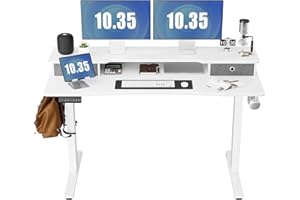 DUMOS 55 Inch Electric Standing Desk with Double Drawers Height Adjustable Sit Stand Up PC Work Table Ergonomic Rising Home Office Computer Workstation with Storage Shelf