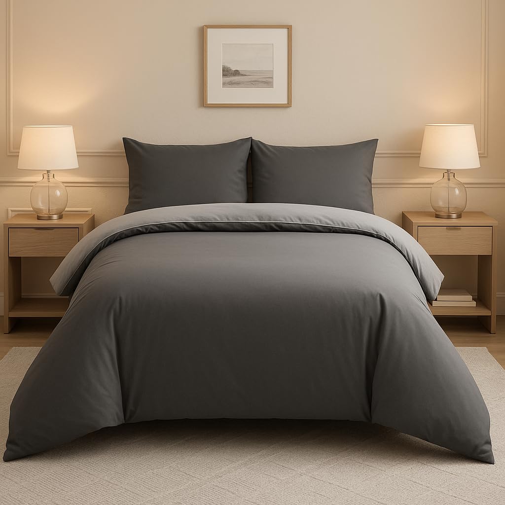 Lions Plain Dye Duvet Cover Set - Soft Reversible Microfibre Two Colors Quilt Bedding (Charcoal/Grey, Single)