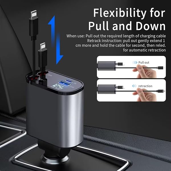 RETRACTABLE CAR CHARGER, 4 IN 1 FAST CAR PHONE CHARGER 66W, 2 RETRACTABLE CABLES AND USB CHARGING, FATHERS DAY FOR GIFTS DAD COMPATIBLE WITH IPHONE 14/13/12/11,USB PORT FOR GALAXY S25/S24/S23,PIXEL