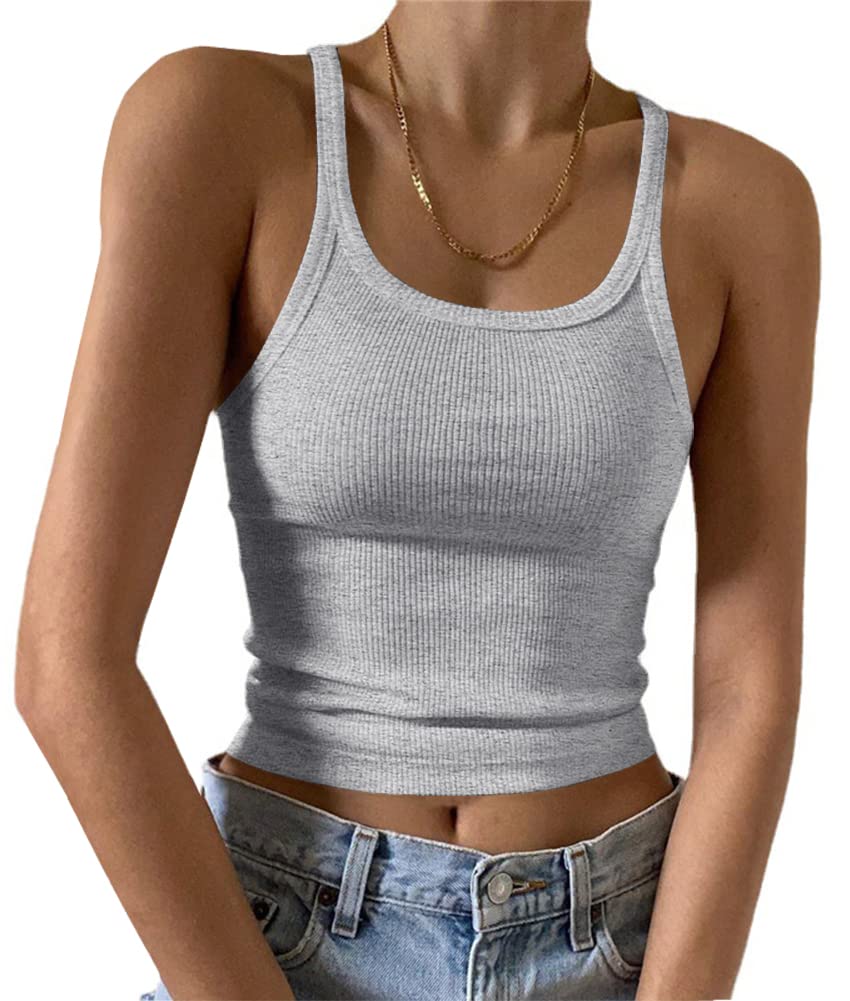 Photo 1 of Artfish Women's Sleeveless Tank Top Form Fitting Scoop Neck Ribbed Knit Basic Cami Tight Fitted Heather Grey, S