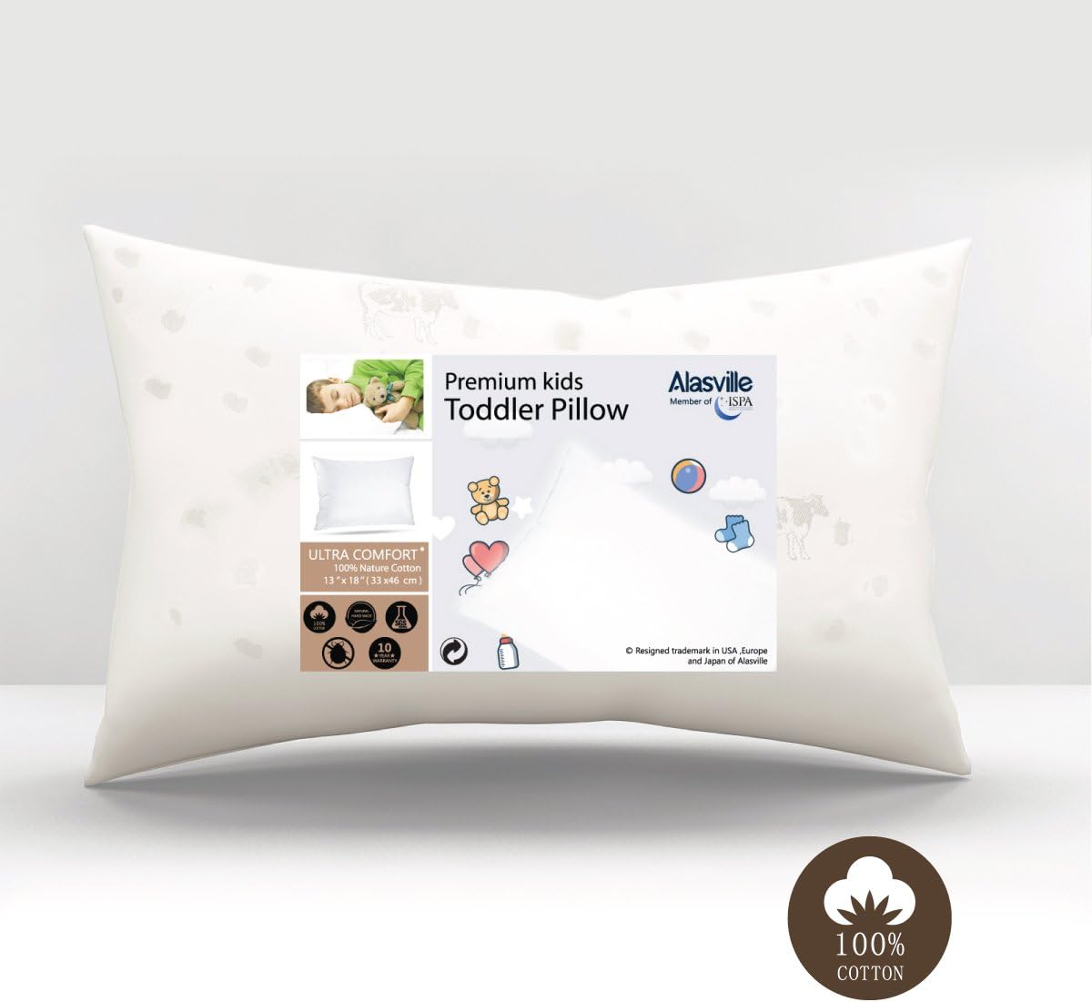 Soft 100% Organic Cotton Toddler Pillow - ALASVILLE Natural Breathable Hypoallergenic Sleeping Pillows for Kids/Baby/Children, Antibacterial & Anti-mite, Come with Milk Touch Pillowcase, 13" x 18"
