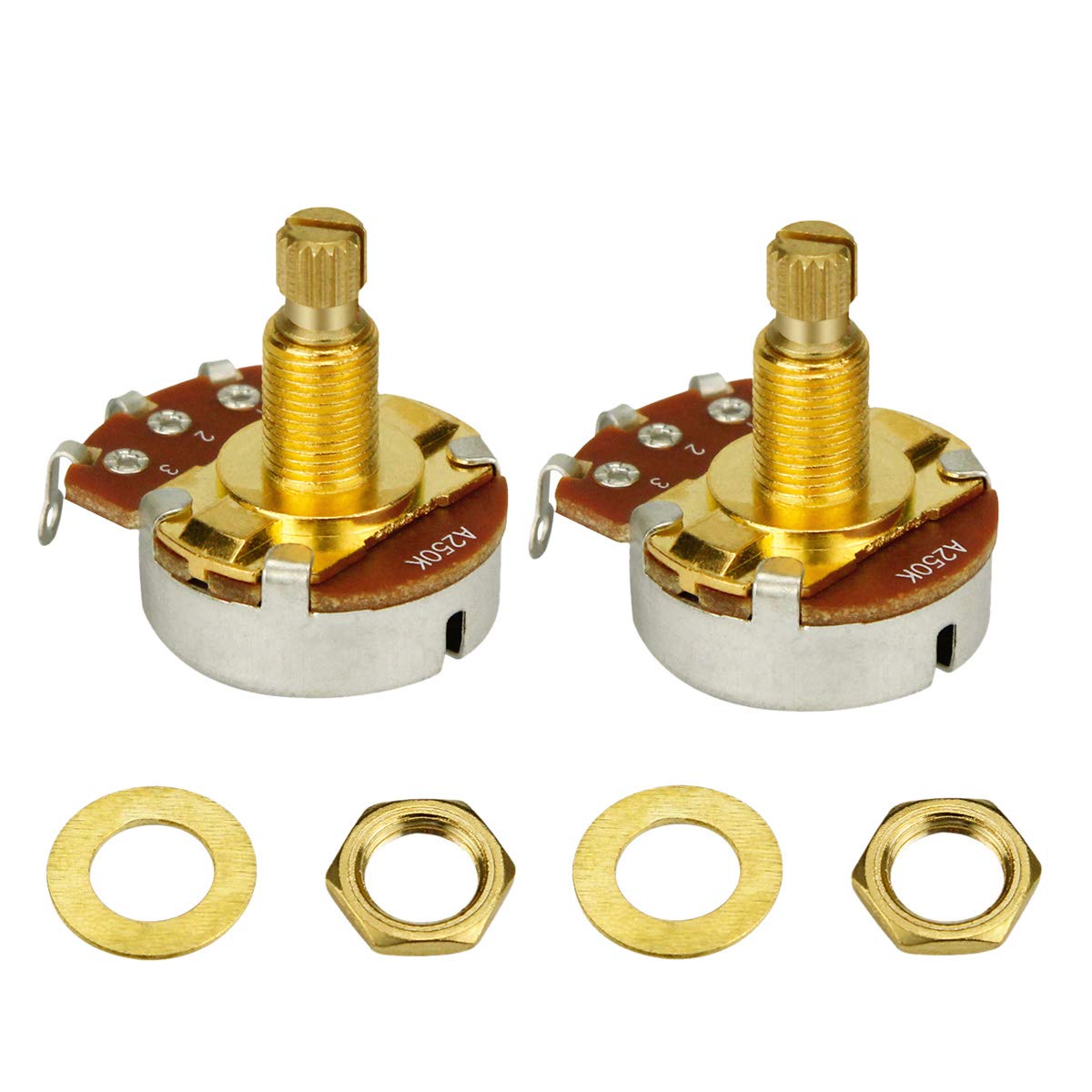 FLEOR 2PCS Full Size A250K Audio Taper Potentiometer Guitar Tone Volume Control Pots L18mm Gold-plated Copper Long Split Shaft