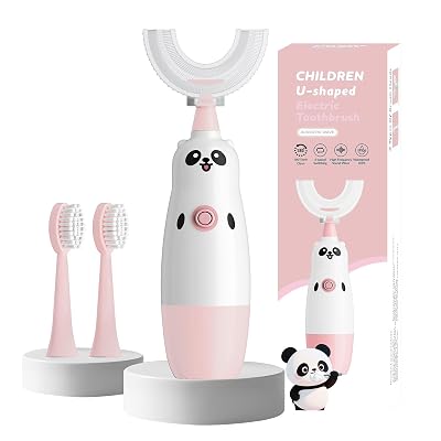 Kids U-Shaped Electric Toothbrush with 2 Brush Heads, Toddlers Sonic with 360 Degree Cleaning, Soft Bristles, Battery Included, IPX7 Waterproof, Cute cartoon for Girls and Boys, Ages 8-13 (Pink)