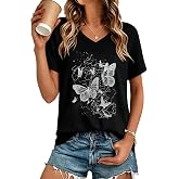 Womens T Shirts V Neck Short Sleeve Summer Tops Casual Basic Tees 2026 | Rosemia Soft Stretchy Breathable，Multiple Graphic With Different Choices, Work Beach Vacation Sports，Pairs with Jeans Shorts