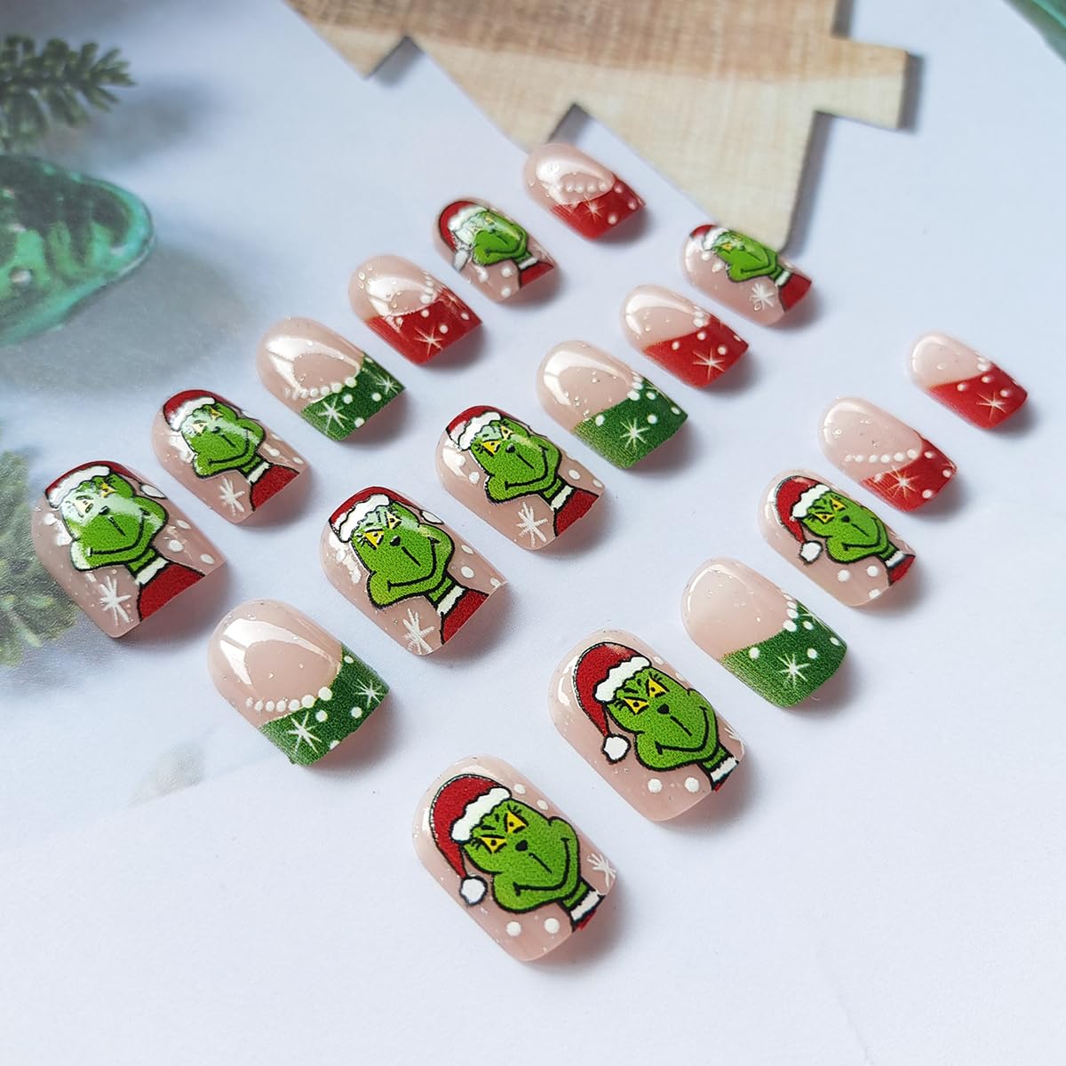 Christmas Press on Nails French Tip Fake Nails Cute Cartoon Nail Tips False Nails with Design Holiday Full Cover Glossy Stick on Nails Winter Acrylic Artificial on Nails Xmas Nail Decoration for Women - Image 3