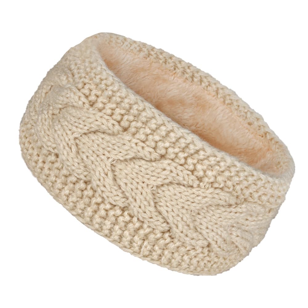 Fleece Lined Knitted Headband Ear Warmer Winter Warm Thick Hairband Thermal Headbands Elastic Hair Wrap for Women (Beige, One Size)