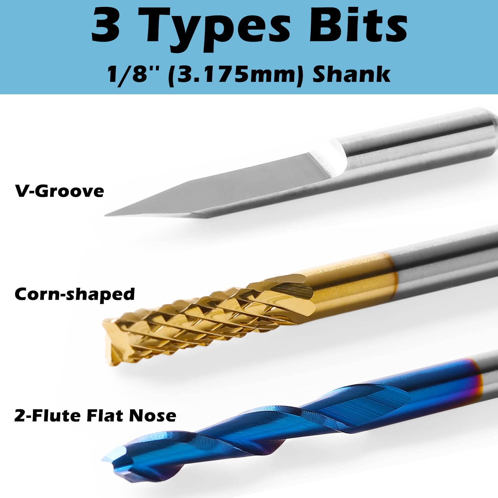 30pcs End Mills CNC Router Bits, 1/8'' Shank, Including 2-Flute Nano Blue Coat Flat Nose End Mill, Titanium Coat CNC Bits & 30° V-Groove Engraving Bits, MC30B