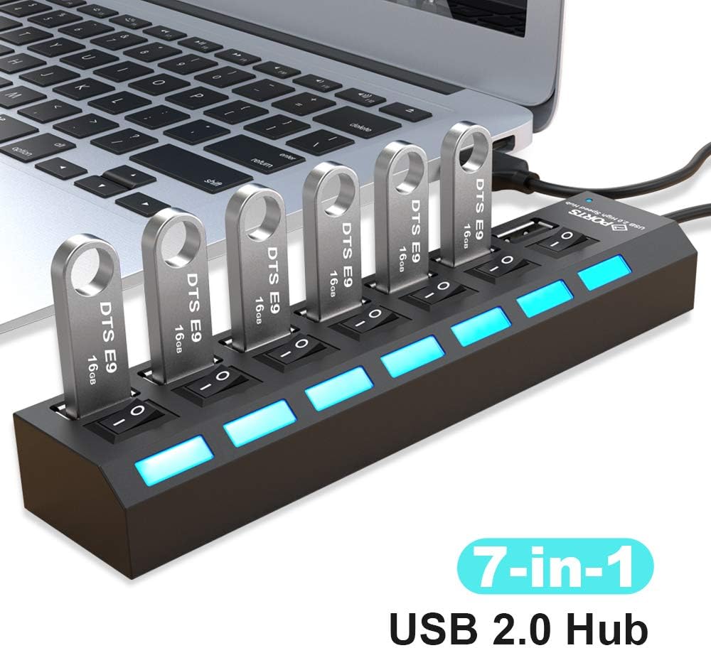 7-Ports USB 2.0 Hub High Speed ON/Off Individual Switch with LEDs Power Switches USB Hub: Computers & Accessories